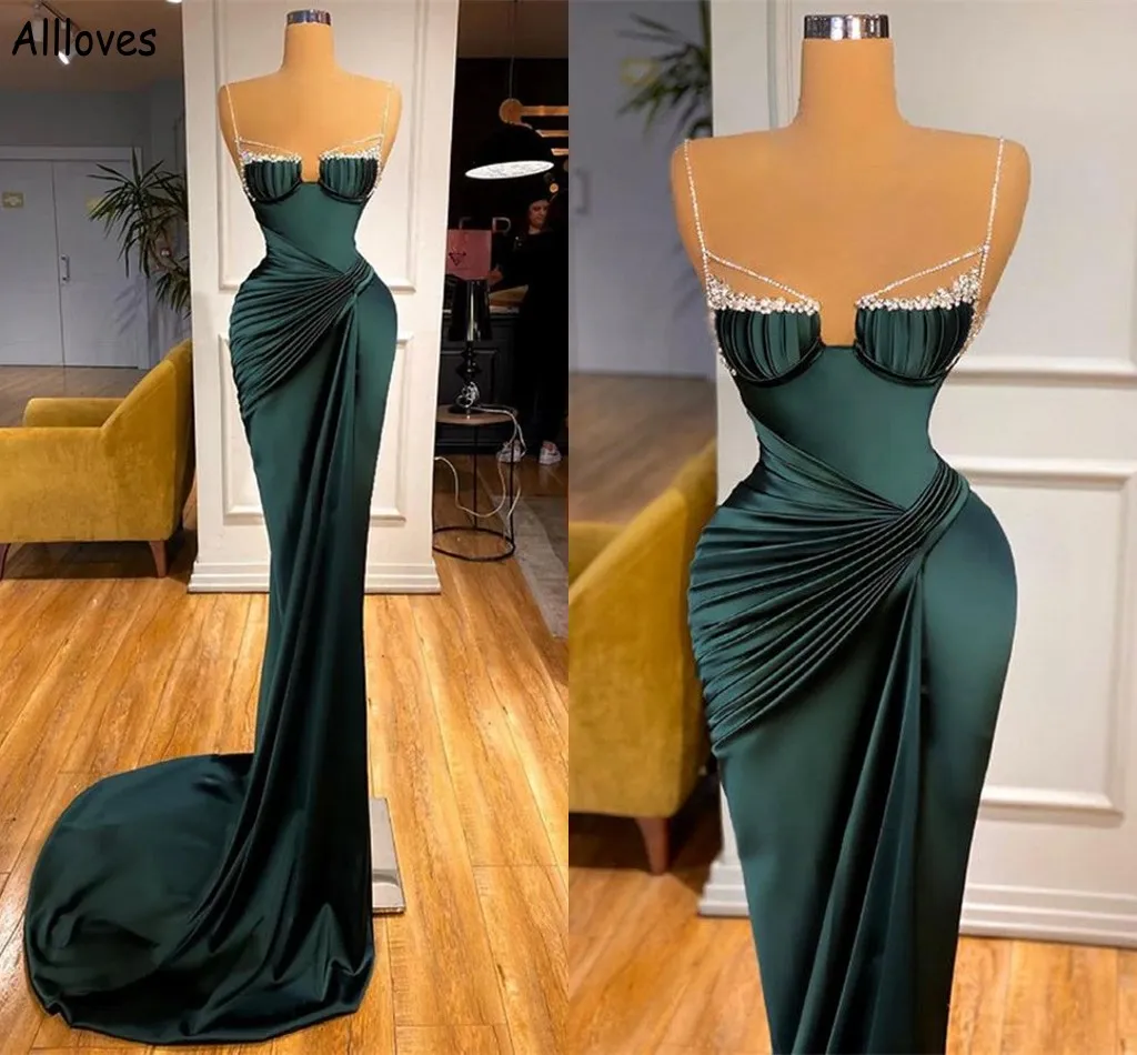 Dunkelgrüne, elegante Satin-Meerjungfrau-Abschlussballkleider, glänzende Pailletten-Spaghettiträger, Abendkleider für formelle Anlässe, Aso Ebi, gerafftes, sexy Kleid für den zweiten Empfang, CL1389