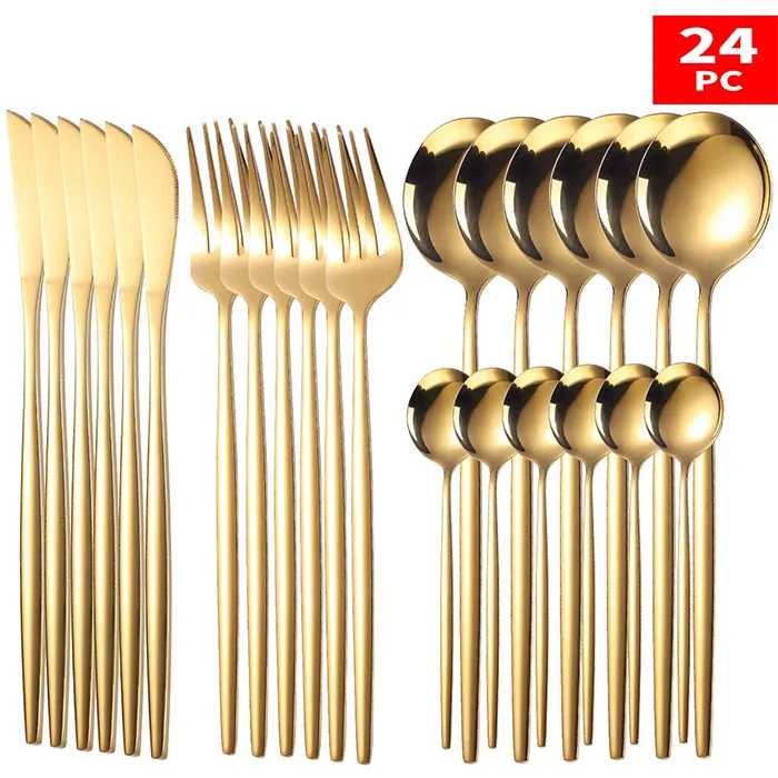 24Pcs Multicolor Western Cutlery Set Stainless Steel Knife Fork Spoon Tableware Flatware Set Festival Kitchen Dinnerware Gift