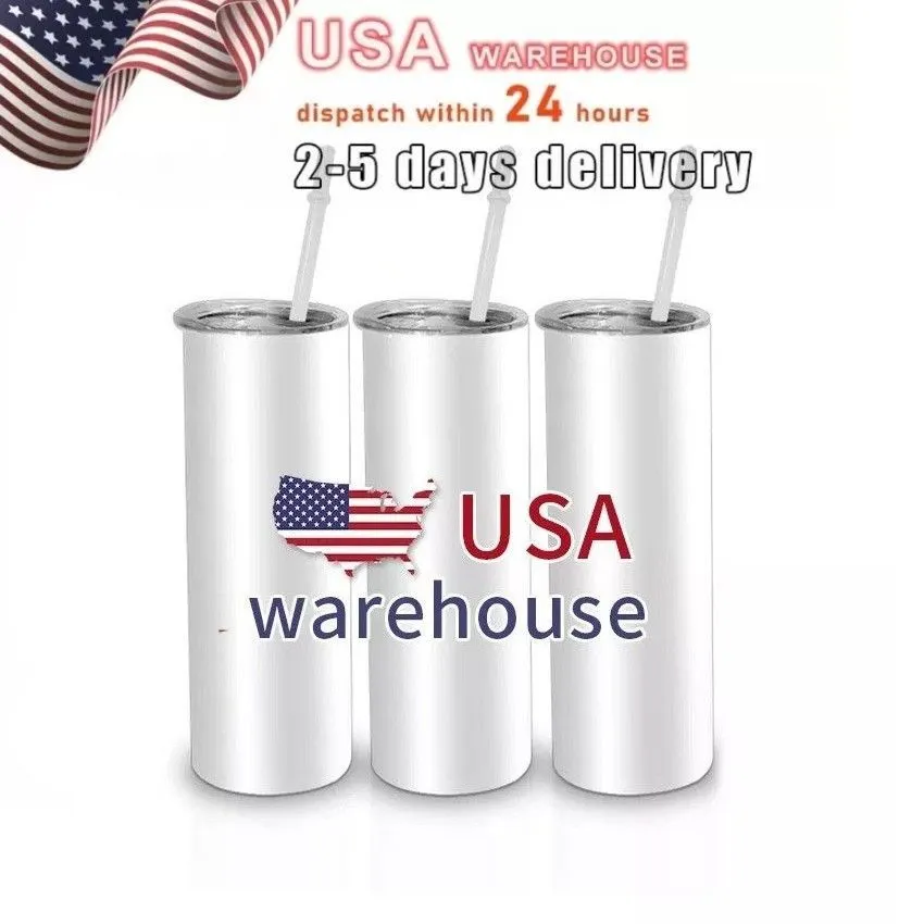USA Local Warehouse 20oz Sublimation Tumblers Straight Blanks White Water Bottles with Lid and Straw 304 Stainless Steel vacuum insulated Sippy Cups