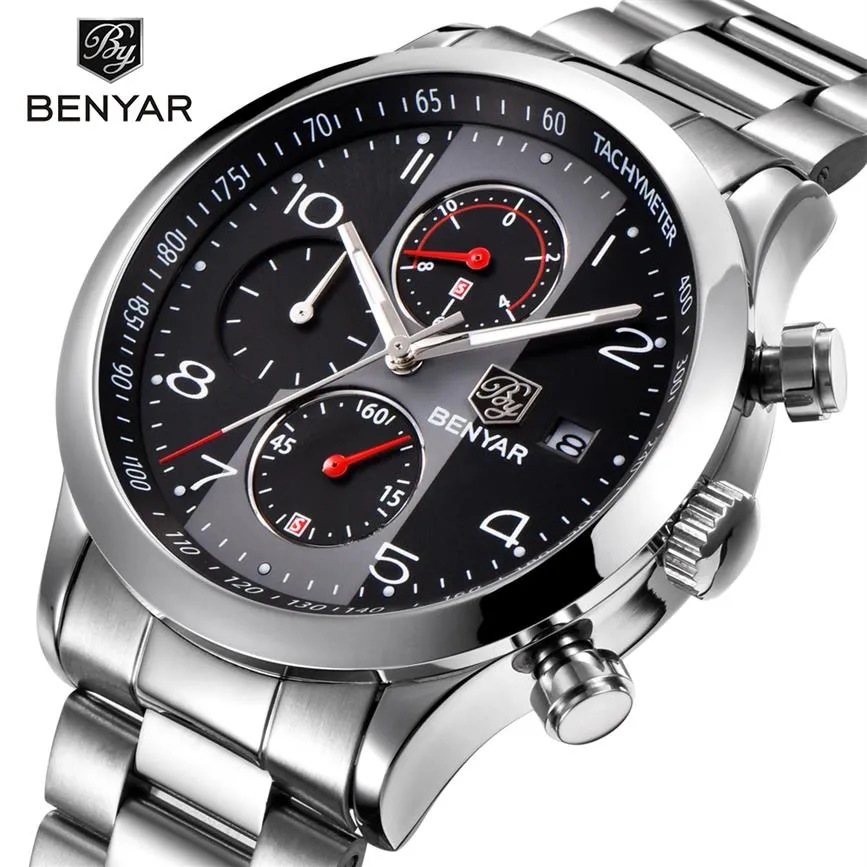 BENYAR Mode Chronographe Sport Montres Hommes Bracelet En Acier Inoxydable Marque Quartz Montre Horloge Relogio Masculino Reloj Hombre black1724