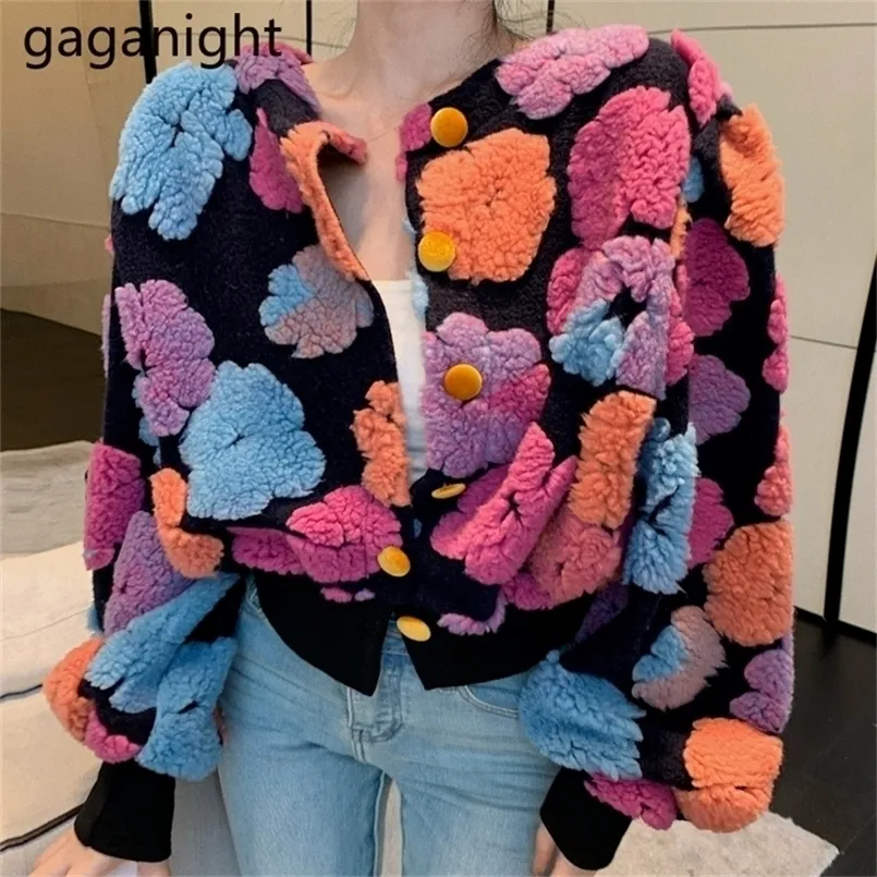 Giacche da donna Gaganight Donna Giacca a maniche lunghe con fiori tridimensionali Autunno Inverno Contrasto di colore Retro Cappotto femminile allentato tutto abbinato 221109