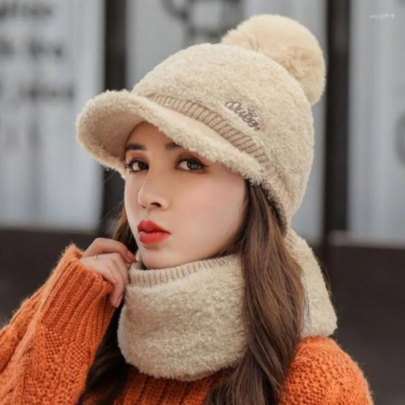 Visiere Donna Berretti caldi Cappelli da equitazione Cappellini da neve Cappello invernale lavorato a maglia Sciarpa Set Palla di pelo Pompon Protezione per le orecchie in lana Collare