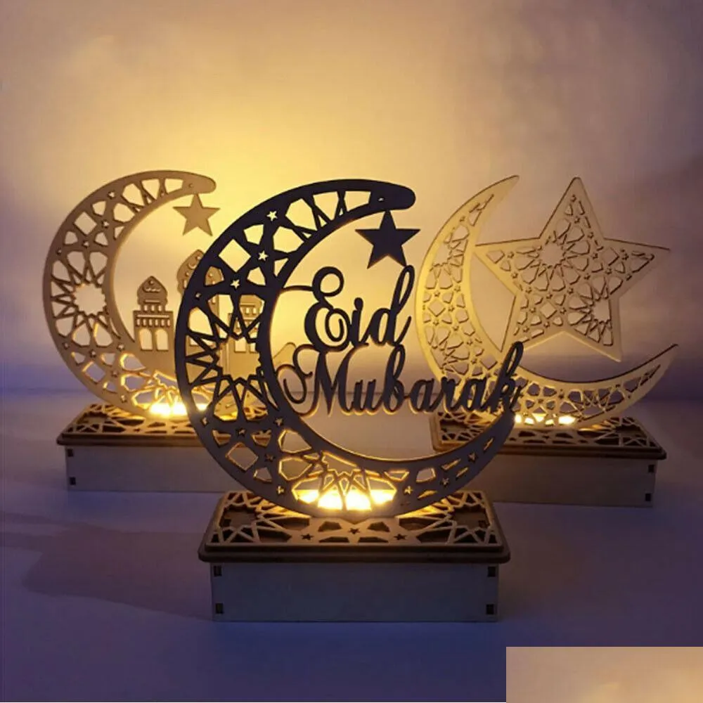 SASHES RAMADAN EID MUBARAK Moon Star Led Candles Licht ornamenten Houtplaque Hangende hanglanke moslim Islam Party Home Decorations Dro Dhkxb