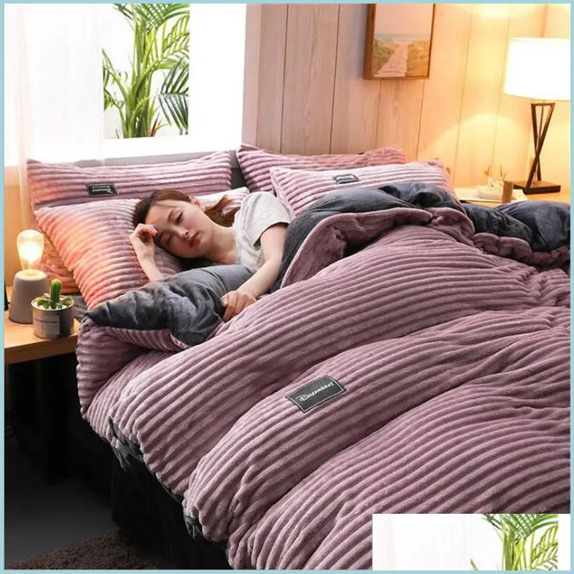 Sängkläder sätter lyxiga sängkläder uppsättningar hem textil säng er platta ark drottning kung flanell täcke täcke korall fleece t200822 droppe delive dhhij