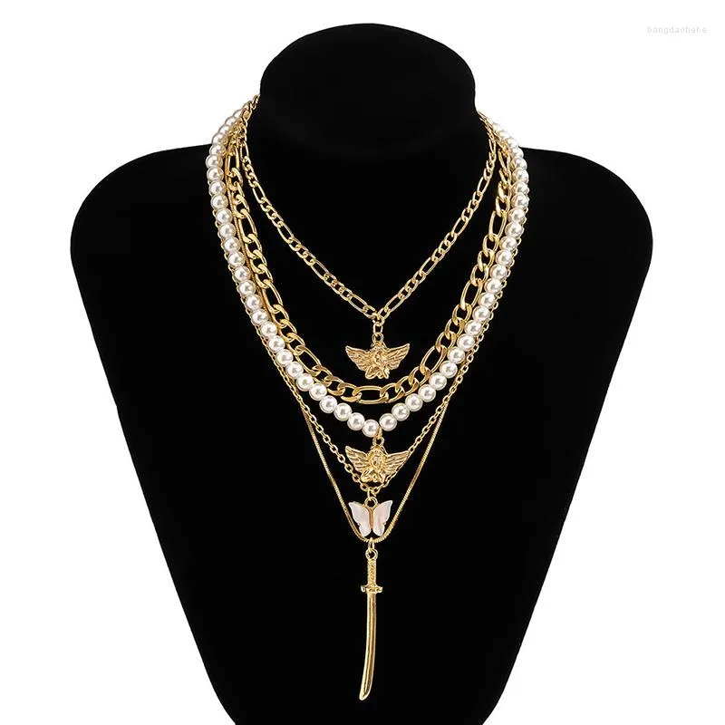 Chains Multi-layered Chain Necklace For Women Vintage Butterfly Pearl Choker Pendant Party Jewelry Gift