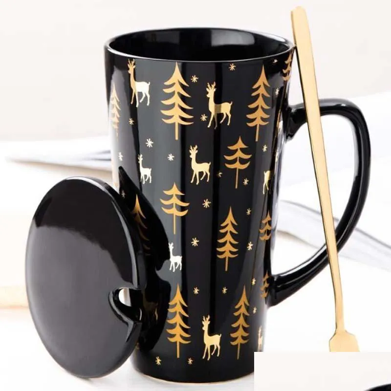 Muggar Creative Black White Mug Set Par Cup with Lock Spoon Personlighet Milk Juice Coffee Tea Water Cups Easy Carry Travle Home T200 Dhint