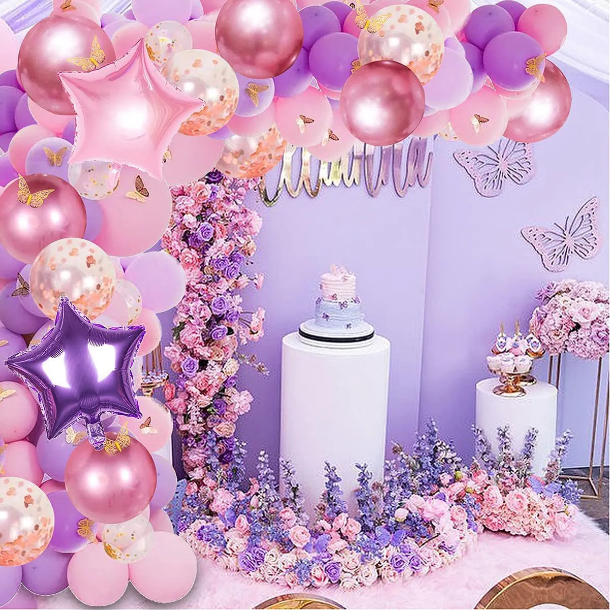 Kerstfeestbenodigdheden Purple Ballon Golden Butterfly Garland Decoratie Dames Girls Baby Birthday