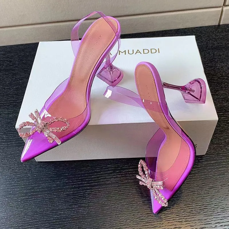 Sandales Amina Muaddi Sandales Top Chaussures Habillées Bowknot Cristal Diamant Décoration Transparent PVC Vin Coupe Talons