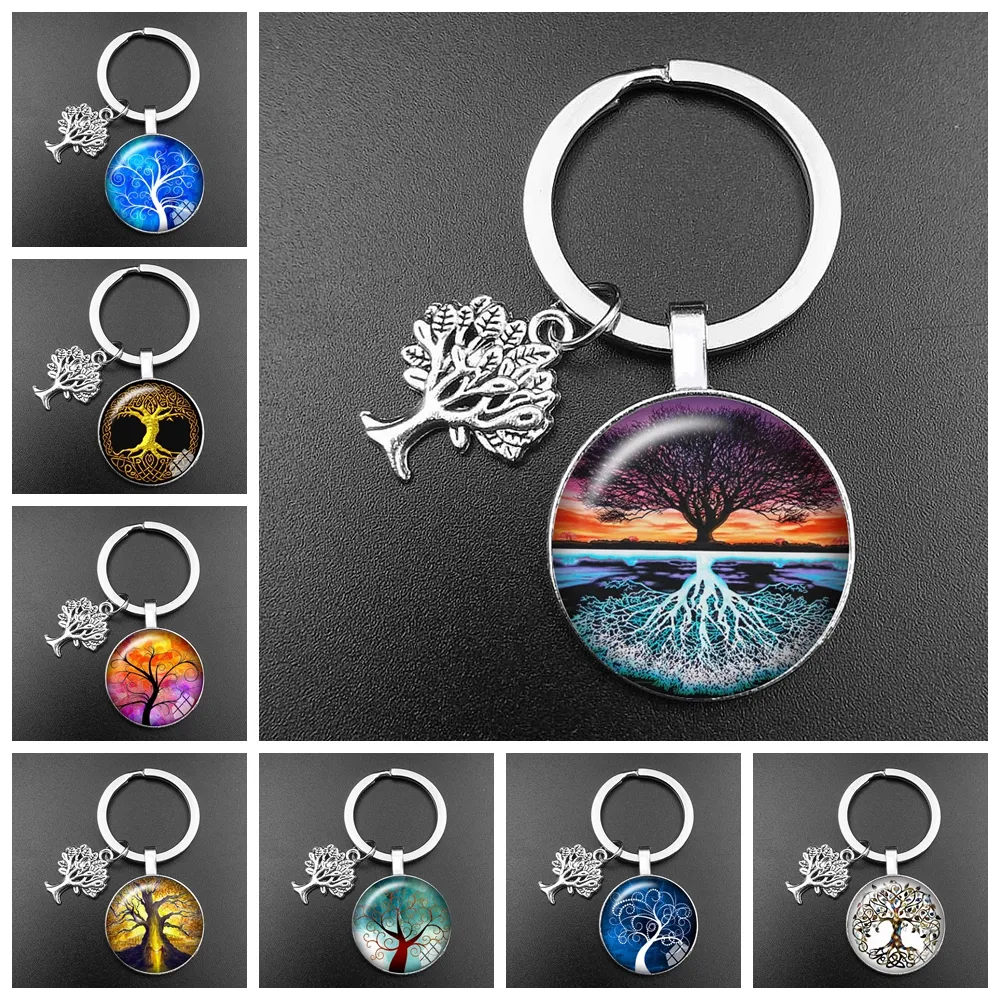 Porte-clés à la mode arbre de vie porte-clés Art Photo pendentif en verre cadeau de famille femmes hommes bijoux