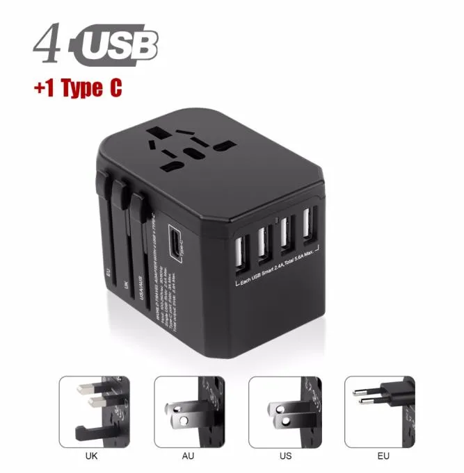 USB Type C Travel Power Plug -adapter 5 USB -portar 4 USB Typ A 1Typ C Väggladdare för typ I C G A Outlets EU Euro US UK4586722