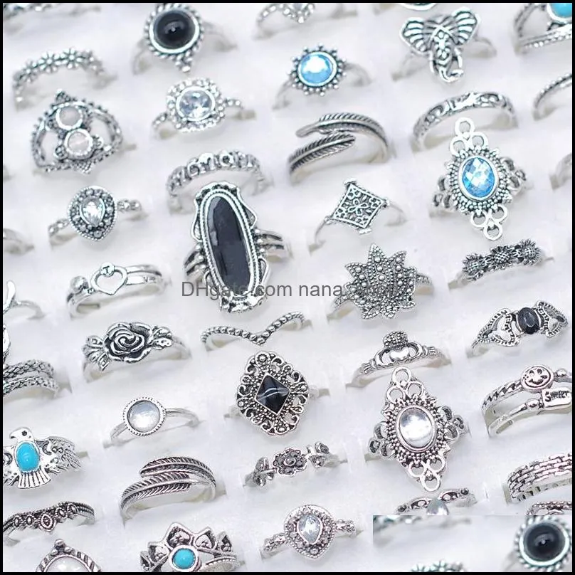 Küme halkaları bk 100pcs çok bohemia kristal vintage halkalar karışım antika antika sier etnik kadınlar moda cazibe takı hediyeleri parmak A290h