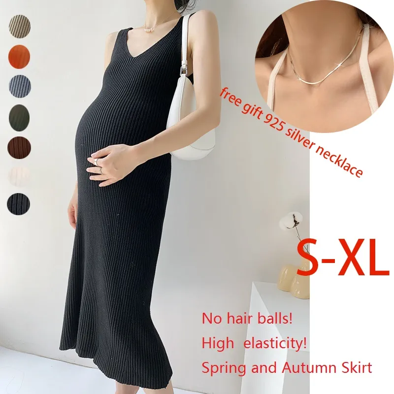 Gravid kvinnors ärmlös tröja Tankklänning Knit Slim V Neck Bodycon Midi Stretchable Elasticitet Slim Passar gratis gåva 925 Silverhalsband