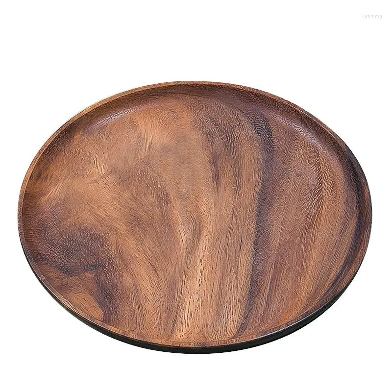 Placas redondas de madeira maciça placa inteira de acacia placa de frutas pires de madeira de sobremesa de pires de pires de madeira café da manhã