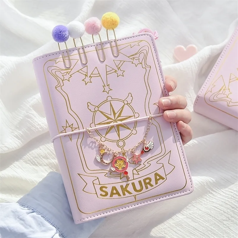 Notepads Cute Pink Sakura Anime Looseleaf Diary Notebook Colorful Pages Spiral 6 Holes Binder