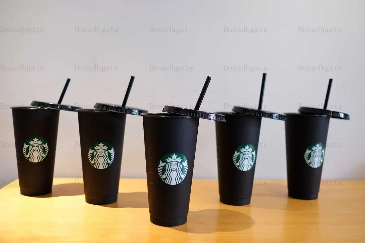 Starbucks 24oz/710ml Plastic Tumbler Reusable Black Drinking Flat Bottom Cup Pillar Shape Lid Straw Mug