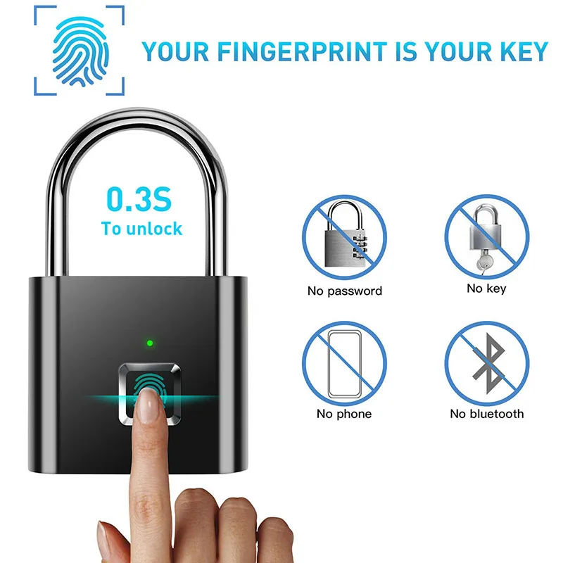 Smart Lock Black silver USB Rechargeable Door Fingerprint Padlock Quick Unlock Zinc alloy Metal High identify Security lock 221108