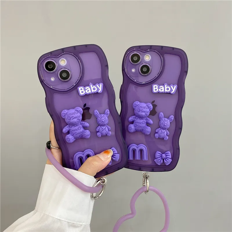 iPhone 14 Pro Max Plus 13 12 11 Baby TPU 3D Purple Wave Love Love Love Love Strapsで人気のあるBear Phoneケース