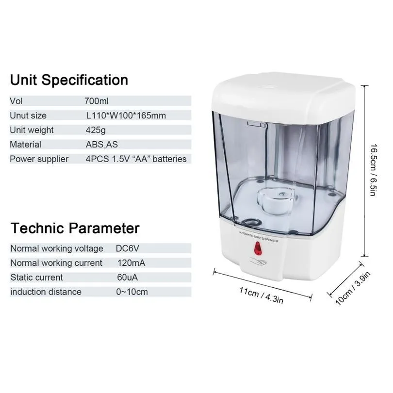 Dispensador de sabão líquido em estoque 700 ml de parede de parede Matic Soap Dispenser sem toques Hand Hine Spray Sensor de protetora Protetora Drop Deliv Dhvkb