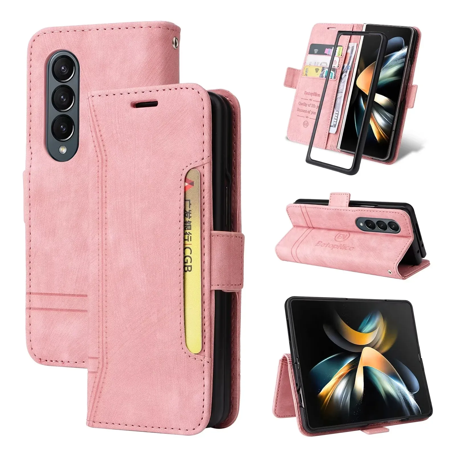 Casos de telefone da carteira para Samsung Galaxy Z Fold 4/3 Color Solid Pu Leathe Flip Kickstand Cover Case com slots de cart￣o externo