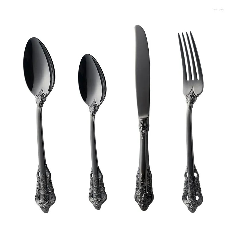 Set di stoviglie 1 lotto / 24 pezzi Set di posate in acciaio inossidabile di lusso retrò nero Set di posate Forchetta Coltello Cucchiaino Stoviglie per matrimoni Accessori per la cucina