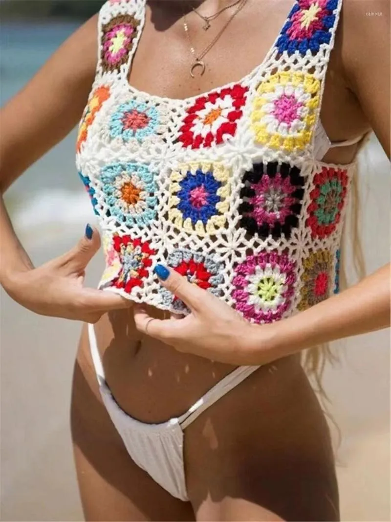 Tanks pour femmes Y2K Vintage Femmes Été Sans manches Bohême Creux Tops Coloré Camisol Crochet Broderie Tricoté Réservoir Beachwear