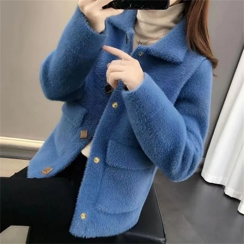 Frauen Jacken Mantel Winter Koreanische Version Nachahmung Nerz Samt Anzug Kragen Langarm Tasche Lose Fee Strickjacke Jacke 221109