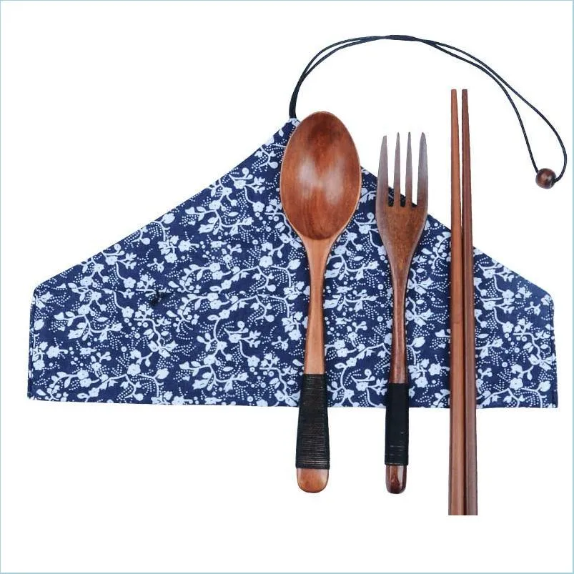 Chopsticks Japanese Wood Cutrow Set Miljö Nature Trägaffel Spoon Chopsticks Portable Knife Spoons Travel Dom Drop Delive DH15W