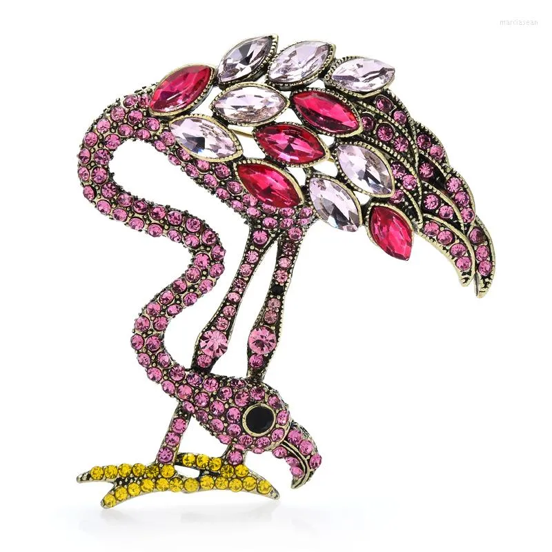 Broches wullibaby grande shinestone flamingo pássaro para mulheres beleza beleza cristal água potim animal festão brooch pins presentes