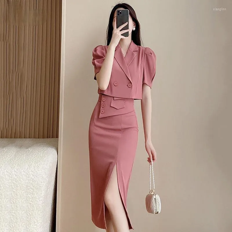 Two Piece Dress Office Lady Elegant Short Blazer Set Korean Casual Long Sleeve Suit Coat High midje Slim Slits kjolar Sexig outfit