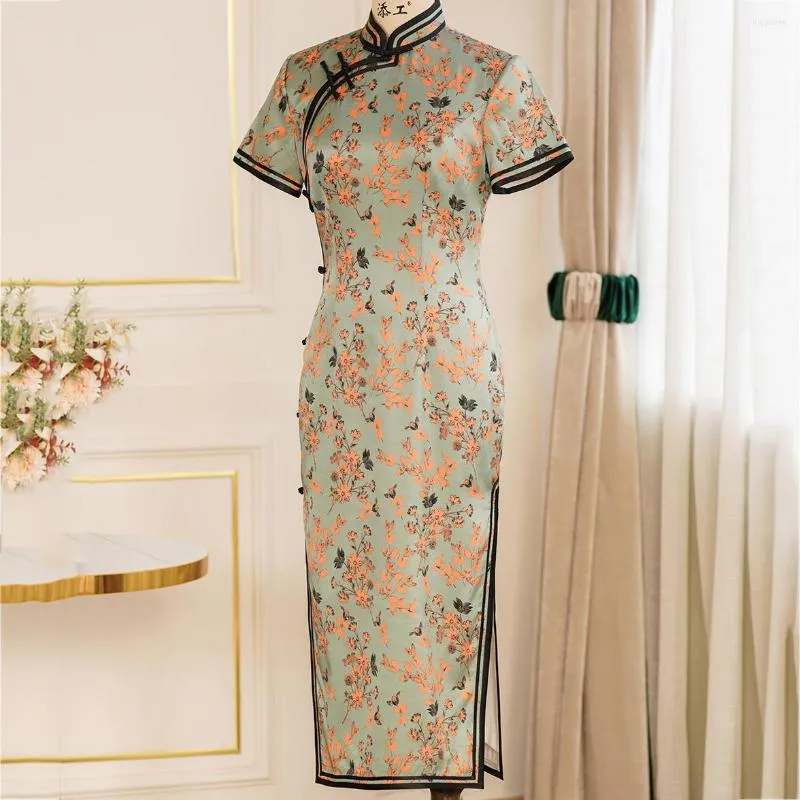 Vêtements ethniques Imprimer Fleur Chinois Traditionnel Qipao Robe Mulberry Soie Cheongsam Vintage Bouton Robes Mandarin Col Formel Fête