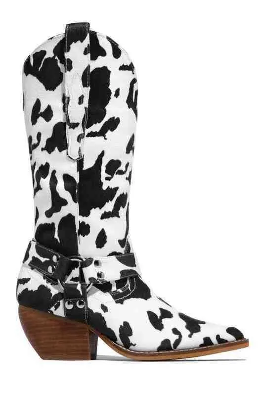 Zapatos de moda para mujer, botas para mujer, nuevo tacón medio de invierno, tubo con estampado de vaca grande para mujer 07091011