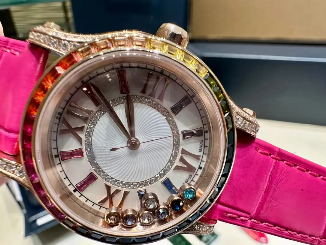 Fashion Damskie zegarek mechaniczny Rose Gold Połączony złoto obudowa 2892 Super ruch pokrętła Kolor Diamond Inkrustowany 36 mm Krokodyl Pas Happy Rainbow Leisure Luksusowy zegarek