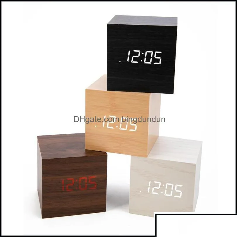 Desk Table Clocks Home Decor Garden Mini Digital Wooden Led Alarm Clock Wood Retro Glow Desktop Voice Control Sn F Otbuc