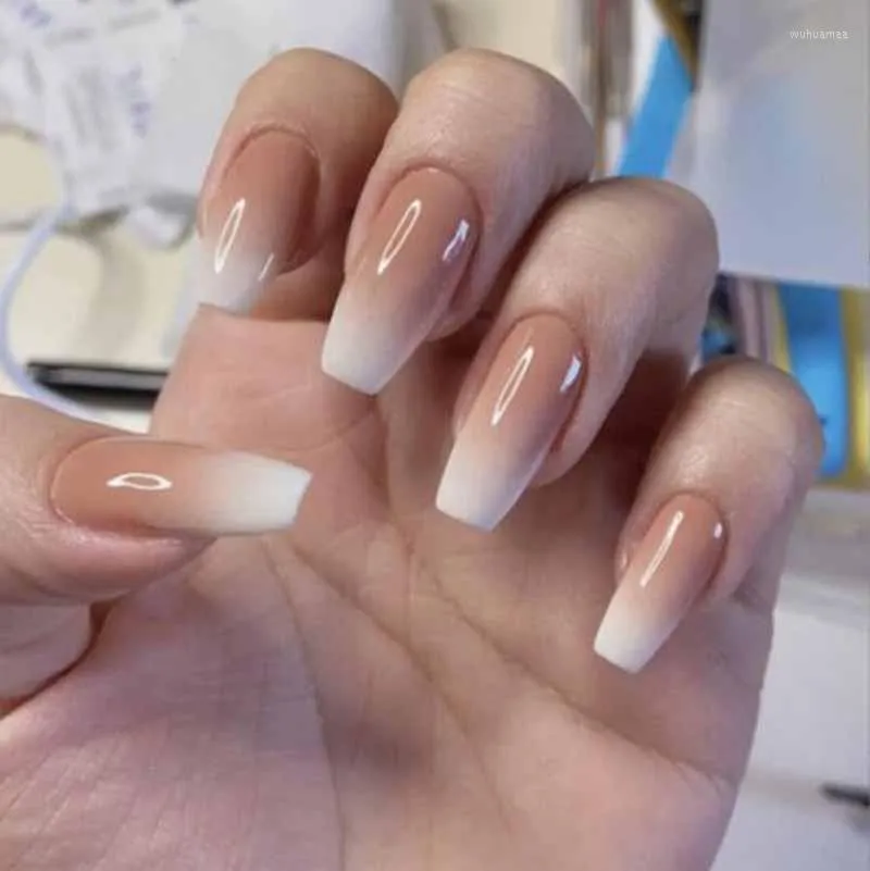 Unhas postiças 24 pçs/conjunto Quente Café Gradiente Destacável Beleza Nail Art Dicas Caixão Longo Imprensa Na Capa Completa Falsa