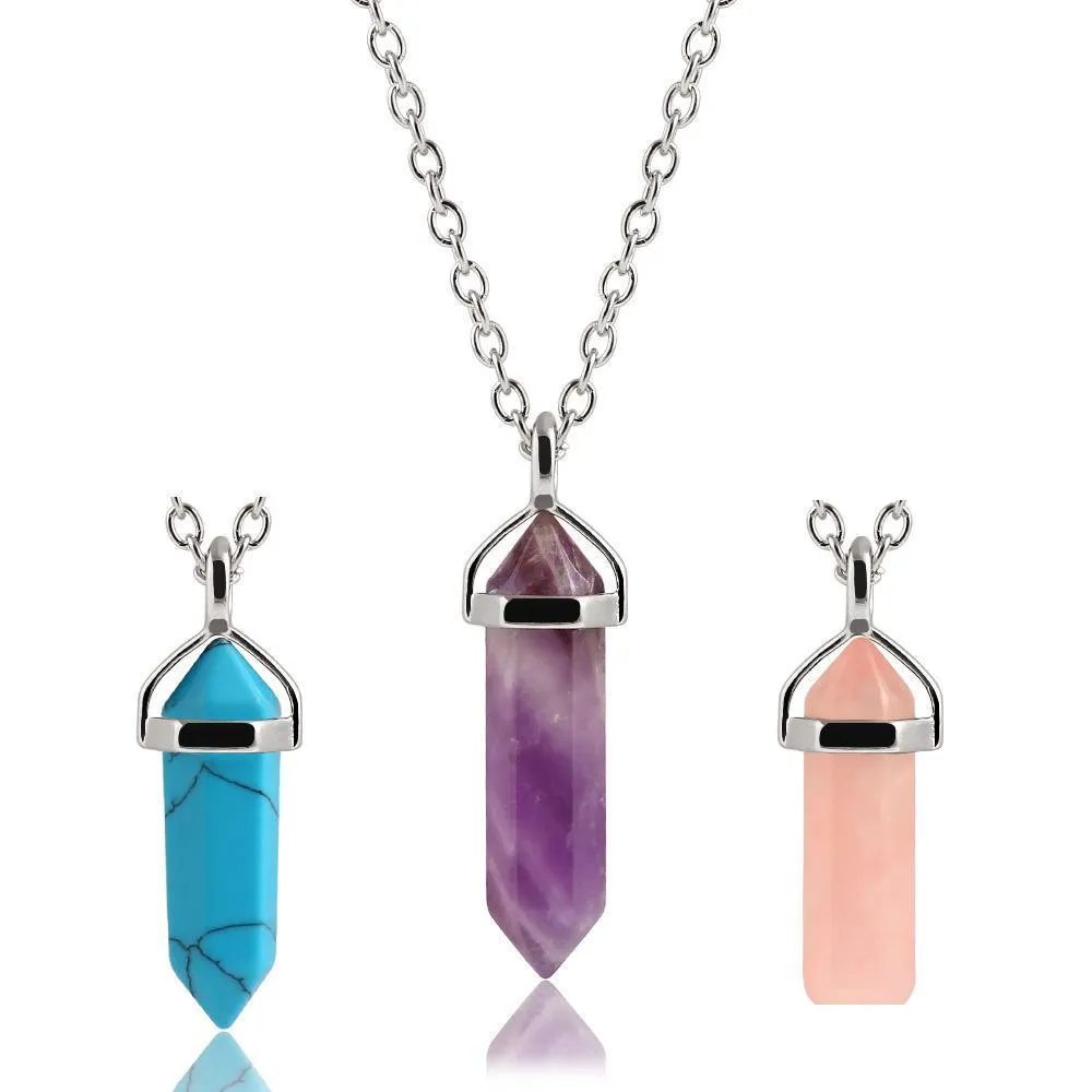 Collane con ciondolo Prisma esagonale Collana a punta di quarzo rosa Filo avvolto Cristalli curativi Viola Chakra Stone Power Collane Reiki Dhqga