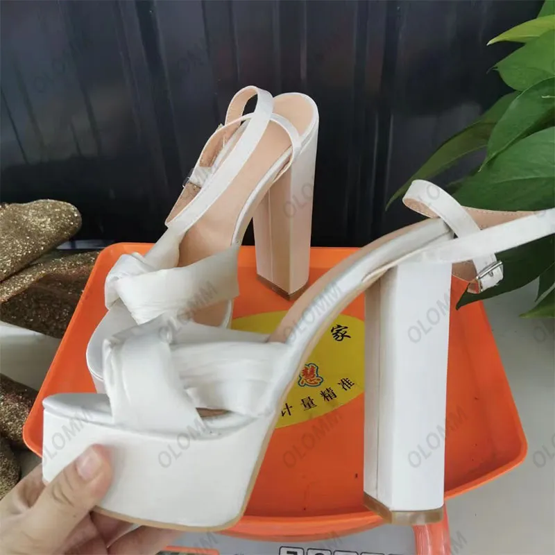 Olomm Handmade Women Platform Sandals Satin Block Heels Open Toe Pretty White Wedding Cosplay Shoes Size 35 47 52