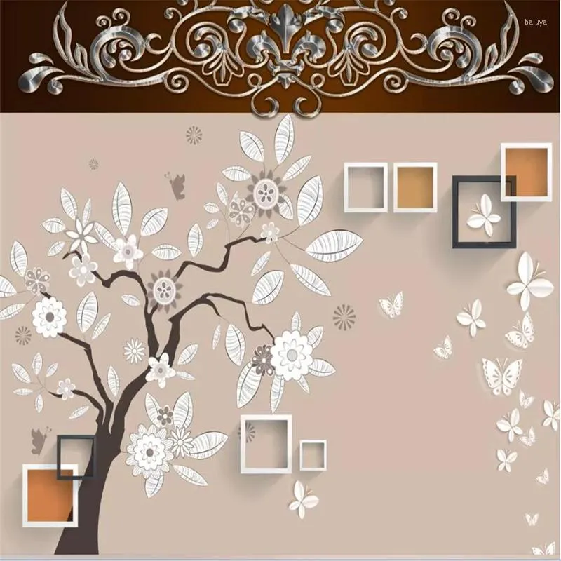 Papéis de parede Decorativo papel de parede abstrato moda árvore 3d quadrado de fundo de borboleta parede