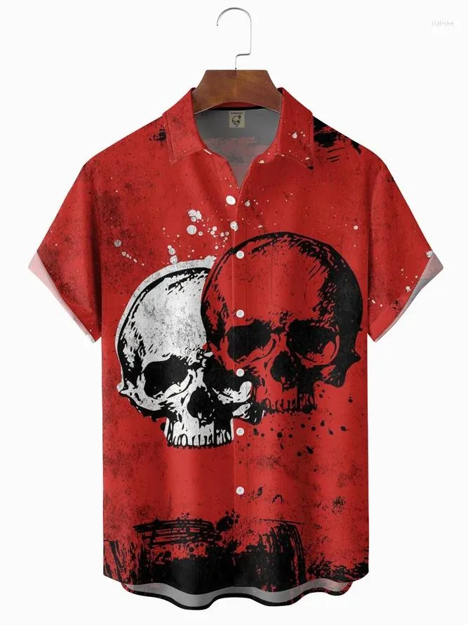 Casual shirts voor heren y2k heren kleding schedel afdrukken ademende zak hawaiian shirt met korte mouwen rood
