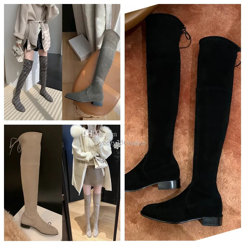 2022 Knee-high boots autumn winter black brown nude round head thick heel flat long elastic female women Thigh-High knee boot warm Fashion barreled stretch SW5050