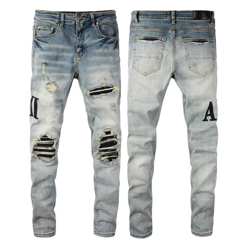 Jeans masculino 22ss hip-hop marca AMR retrô costura dobrada rasgada designer masculino calça slim tamanho 28-40