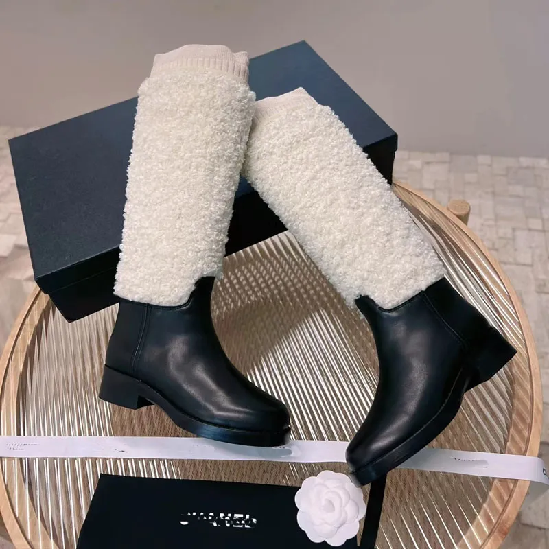2022 designer women Wool knight knee-high boots luxury Fashion sexy black white Thick leather Boots Autumn winter electric embroidery Knitted wools Low heel Shoes