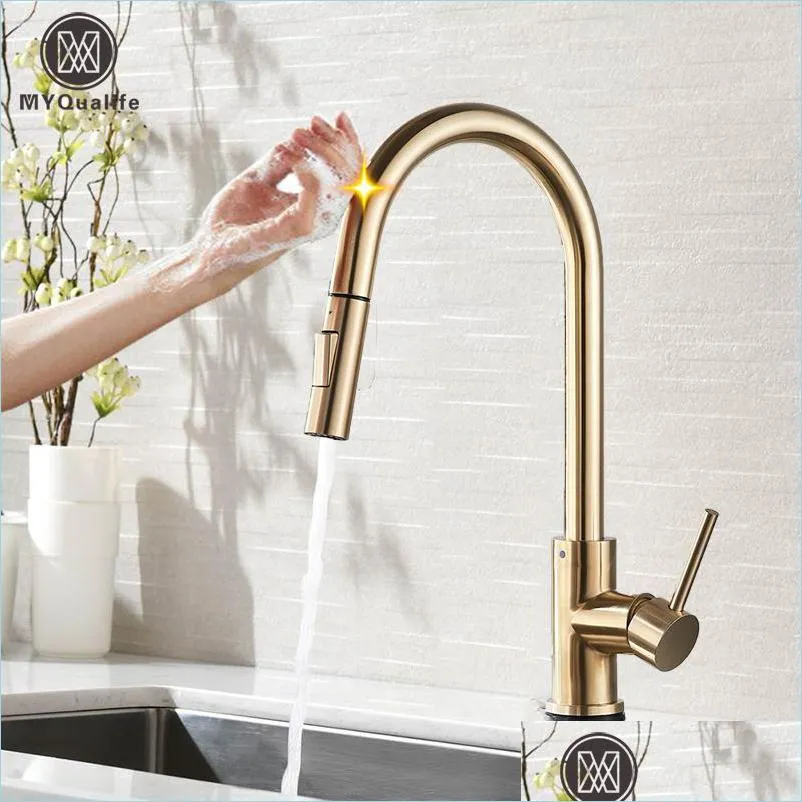 Küchenarmaturen Pl Out Sensor Küchenarmatur Gebürstetes Gold Sensitive Touch Control Mixer Für Wasserhahn T200423 Drop Lieferung Hausgarten Fa Dhfo0