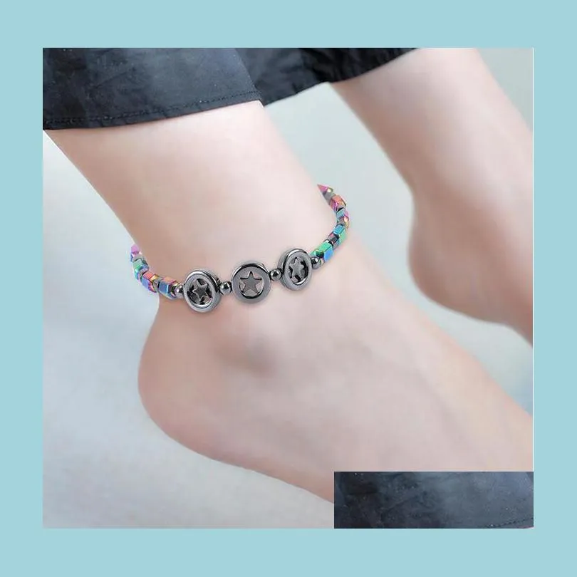 Chevillets magn￩tique ovale h￩matite en pierre de pierre chevilles bracelet arc-en-ciel ￩toiles femmes d'￩t￩ de la plage de la plage de la sant￩ du mod￨le de gu￩rison bijoux dhzvz dhzvz