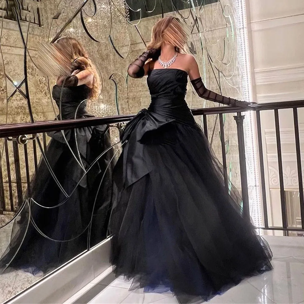 Strapless Black Tulle Prom Dresses Bow Ruched A-Line Formal Evening Gowns Floor Length Women Simple Elegant Special Occasion Wear 2023