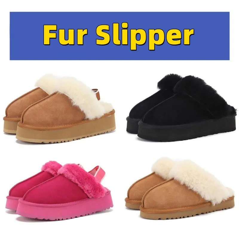 Chestnut Fluff Yeah Slide Australia Sheepskin Suede Funkette Slippers Sherpa Disquette Women's Platform Shearling Fur Lined Slide Sandal Slip On Flat Booties