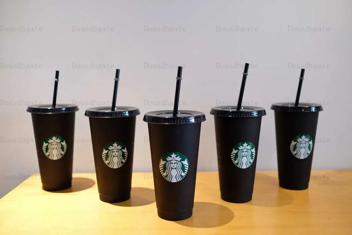 Starbucks 24oz/710ml Plastic Tumbler Reusable Black Drinking Flat Bottom Cup Pillar Shape Lid Straw Mug