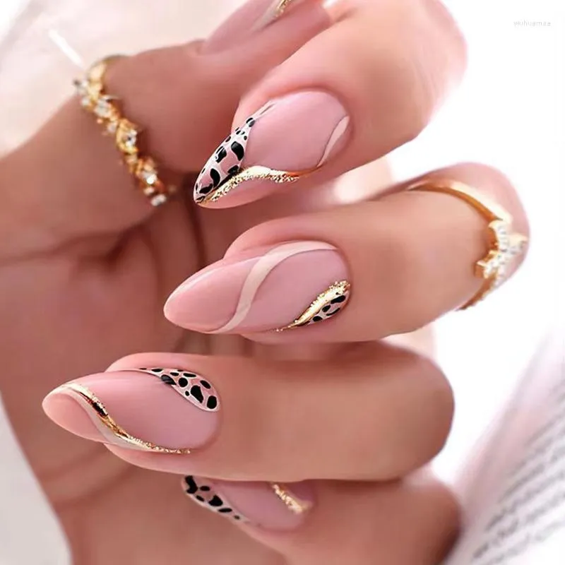 Faux ongles 24 pièces amande faux ongles rose tête ovale ondulation conception léopard Ins Style manucure conseils couverture complète appuyez sur