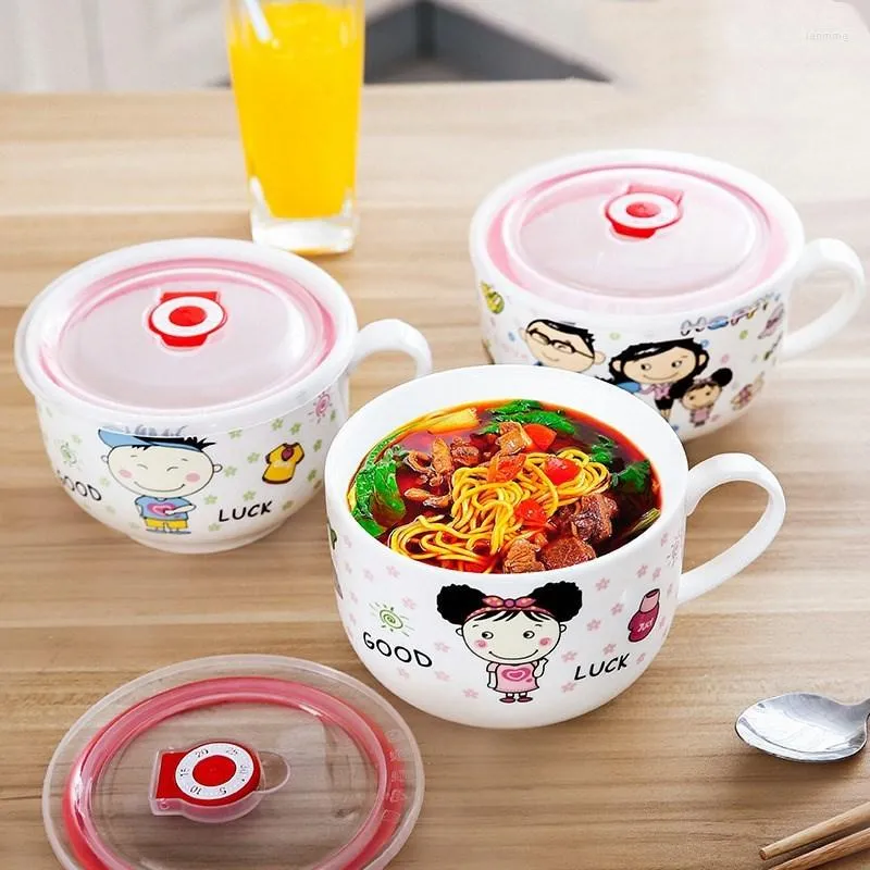 Bowls Cartoon Ceramic Ramen Bowl Cute With Lid Soup Noodles Big Mug Tableware Kitchen Utensils And Fruit Salad Dessert Porcelain