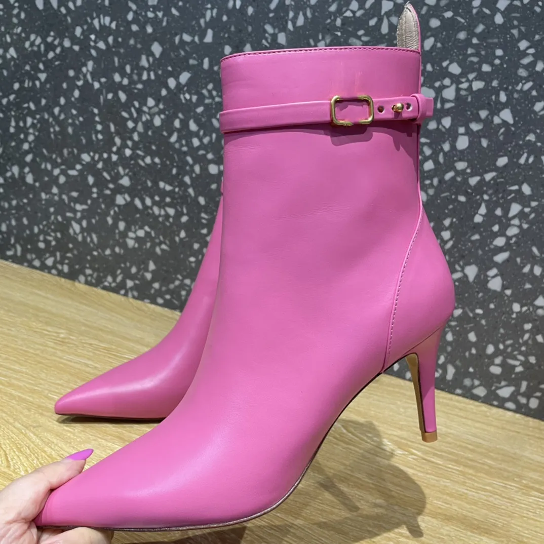 Luxury Designer Womens Ankle Boots High Pink Heel Bootsed Sheepskin