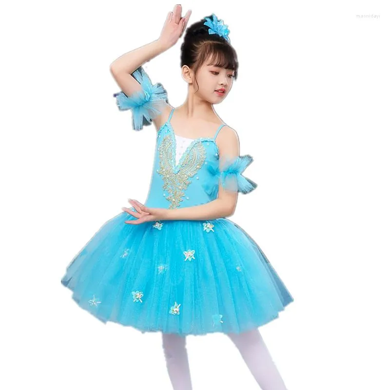 Stage Draag Flower Light Blue Romantic Tutu Kids Hedendaags Ballet Dance Kostuum Soft Tule Long Ballerina -jurk voor meisjes voor kinderen